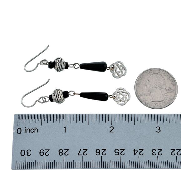 Vintage Sterling Silver 925 Black Onyx Knot Dangle French Wire Earrings - Picture 2 of 3